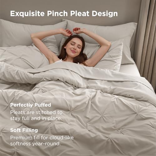 Bedsure Queen Comforter Set Baby Pea Green   Bed in a Bag Queen Size Bedding 7 Pieces  GentleSoft  Pintuck Bed Set Gift for Family  Pinch Pleat All Season Comforter with Sheets  Pillowcases & Shams