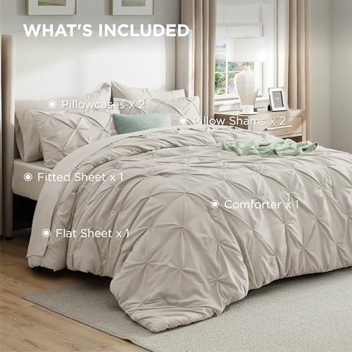 Bedsure Queen Comforter Set Baby Pea Green   Bed in a Bag Queen Size Bedding 7 Pieces  GentleSoft  Pintuck Bed Set Gift for Family  Pinch Pleat All Season Comforter with Sheets  Pillowcases & Shams