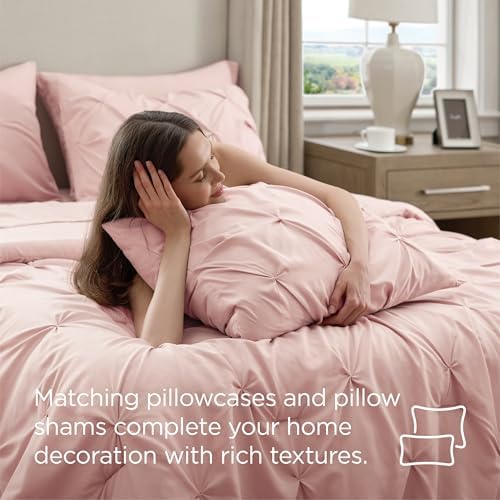 Bedsure Queen Comforter Set Baby Pea Green   Bed in a Bag Queen Size Bedding 7 Pieces  GentleSoft  Pintuck Bed Set Gift for Family  Pinch Pleat All Season Comforter with Sheets  Pillowcases & Shams