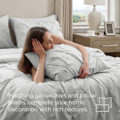 Bedsure Queen Comforter Set Baby Pea Green   Bed in a Bag Queen Size Bedding 7 Pieces  GentleSoft  Pintuck Bed Set Gift for Family  Pinch Pleat All Season Comforter with Sheets  Pillowcases & Shams