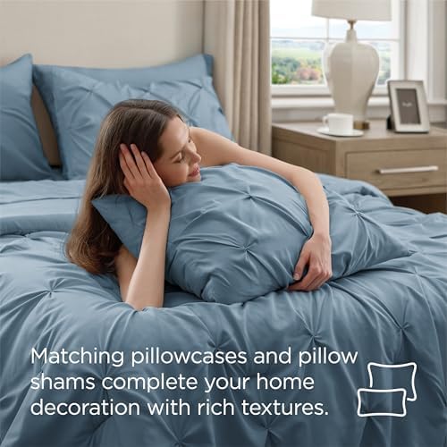 Bedsure Queen Comforter Set Baby Pea Green   Bed in a Bag Queen Size Bedding 7 Pieces  GentleSoft  Pintuck Bed Set Gift for Family  Pinch Pleat All Season Comforter with Sheets  Pillowcases & Shams