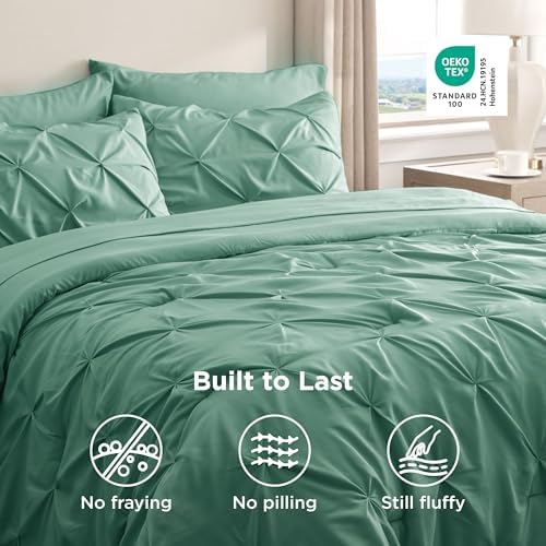 Bedsure Queen Comforter Set Baby Pea Green   Bed in a Bag Queen Size Bedding 7 Pieces  GentleSoft  Pintuck Bed Set Gift for Family  Pinch Pleat All Season Comforter with Sheets  Pillowcases & Shams