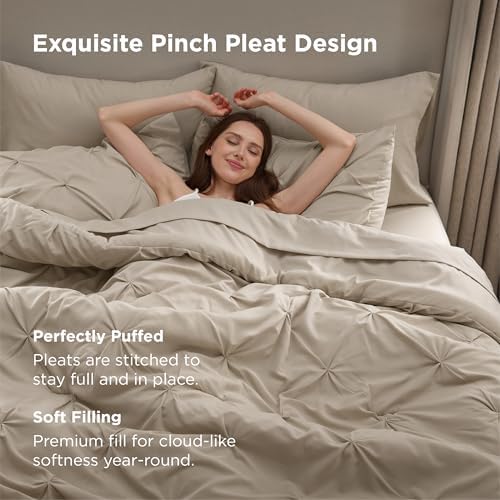 Bedsure Queen Comforter Set Baby Pea Green   Bed in a Bag Queen Size Bedding 7 Pieces  GentleSoft  Pintuck Bed Set Gift for Family  Pinch Pleat All Season Comforter with Sheets  Pillowcases & Shams
