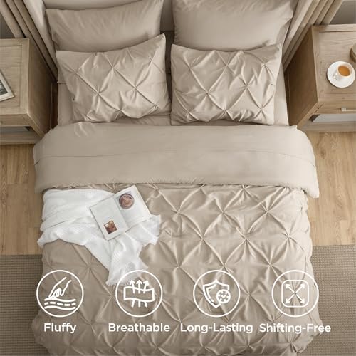 Bedsure Queen Comforter Set Baby Pea Green   Bed in a Bag Queen Size Bedding 7 Pieces  GentleSoft  Pintuck Bed Set Gift for Family  Pinch Pleat All Season Comforter with Sheets  Pillowcases & Shams