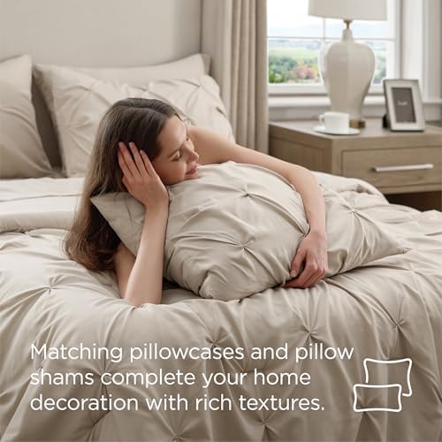 Bedsure Queen Comforter Set Baby Pea Green   Bed in a Bag Queen Size Bedding 7 Pieces  GentleSoft  Pintuck Bed Set Gift for Family  Pinch Pleat All Season Comforter with Sheets  Pillowcases & Shams