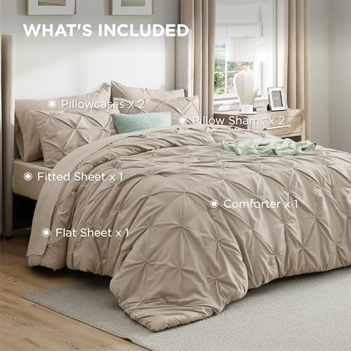 Bedsure Queen Comforter Set Baby Pea Green   Bed in a Bag Queen Size Bedding 7 Pieces  GentleSoft  Pintuck Bed Set Gift for Family  Pinch Pleat All Season Comforter with Sheets  Pillowcases & Shams