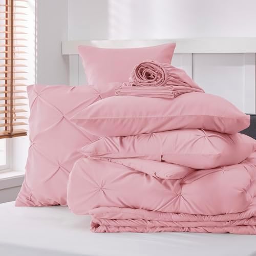 Bedsure Queen Comforter Set Baby Pea Green   Bed in a Bag Queen Size Bedding 7 Pieces  GentleSoft  Pintuck Bed Set Gift for Family  Pinch Pleat All Season Comforter with Sheets  Pillowcases & Shams