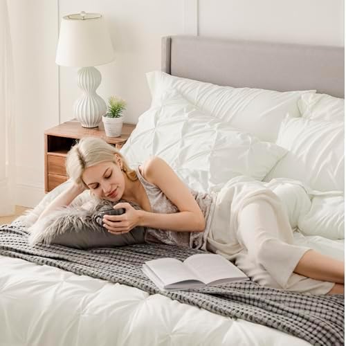 Bedsure Queen Comforter Set Baby Pea Green   Bed in a Bag Queen Size Bedding 7 Pieces  GentleSoft  Pintuck Bed Set Gift for Family  Pinch Pleat All Season Comforter with Sheets  Pillowcases & Shams