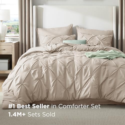 Bedsure Queen Comforter Set Baby Pea Green   Bed in a Bag Queen Size Bedding 7 Pieces  GentleSoft  Pintuck Bed Set Gift for Family  Pinch Pleat All Season Comforter with Sheets  Pillowcases & Shams