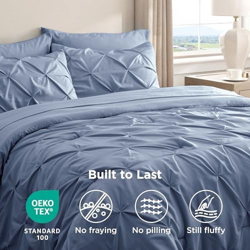 Bedsure Queen Comforter Set Baby Pea Green   Bed in a Bag Queen Size Bedding 7 Pieces  GentleSoft  Pintuck Bed Set Gift for Family  Pinch Pleat All Season Comforter with Sheets  Pillowcases & Shams