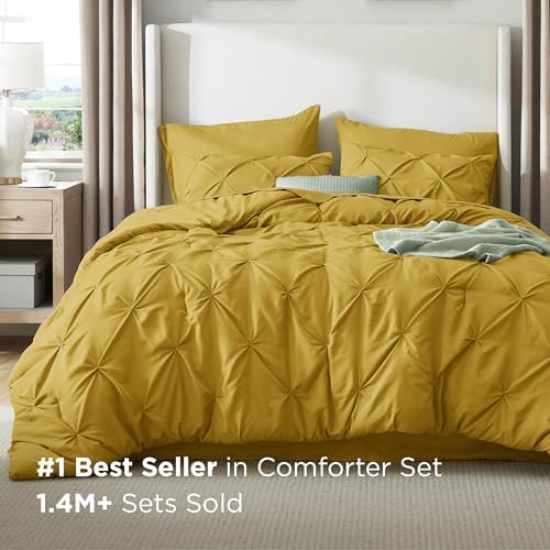 Bedsure Queen Comforter Set Baby Pea Green   Bed in a Bag Queen Size Bedding 7 Pieces  GentleSoft  Pintuck Bed Set Gift for Family  Pinch Pleat All Season Comforter with Sheets  Pillowcases & Shams
