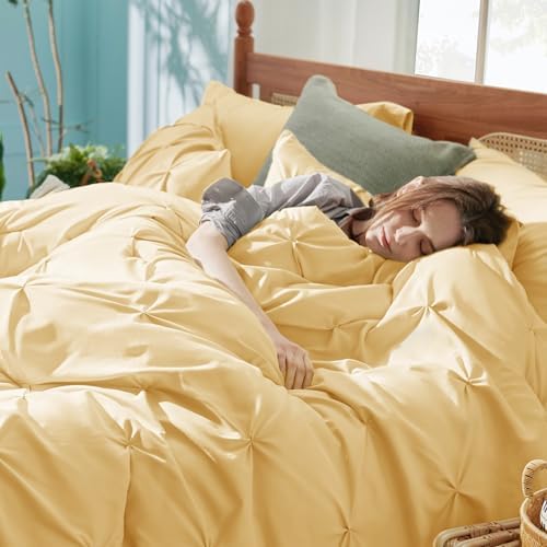 Bedsure Queen Comforter Set Baby Pea Green   Bed in a Bag Queen Size Bedding 7 Pieces  GentleSoft  Pintuck Bed Set Gift for Family  Pinch Pleat All Season Comforter with Sheets  Pillowcases & Shams