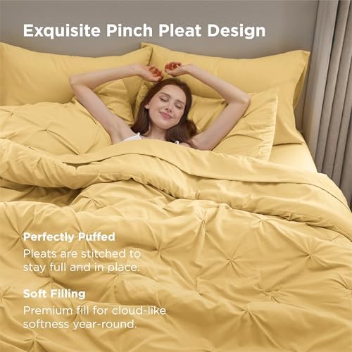 Bedsure Queen Comforter Set Baby Pea Green   Bed in a Bag Queen Size Bedding 7 Pieces  GentleSoft  Pintuck Bed Set Gift for Family  Pinch Pleat All Season Comforter with Sheets  Pillowcases & Shams