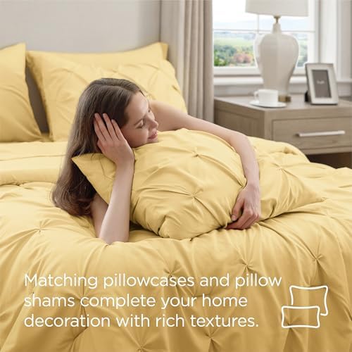 Bedsure Queen Comforter Set Baby Pea Green   Bed in a Bag Queen Size Bedding 7 Pieces  GentleSoft  Pintuck Bed Set Gift for Family  Pinch Pleat All Season Comforter with Sheets  Pillowcases & Shams