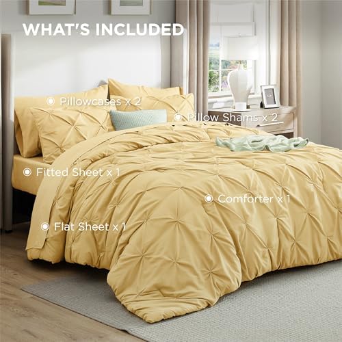 Bedsure Queen Comforter Set Baby Pea Green   Bed in a Bag Queen Size Bedding 7 Pieces  GentleSoft  Pintuck Bed Set Gift for Family  Pinch Pleat All Season Comforter with Sheets  Pillowcases & Shams