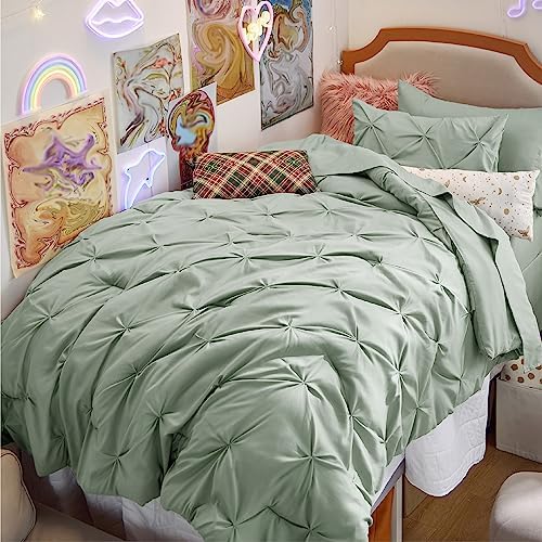 Bedsure Queen Comforter Set Baby Pea Green   Bed in a Bag Queen Size Bedding 7 Pieces  GentleSoft  Pintuck Bed Set Gift for Family  Pinch Pleat All Season Comforter with Sheets  Pillowcases & Shams