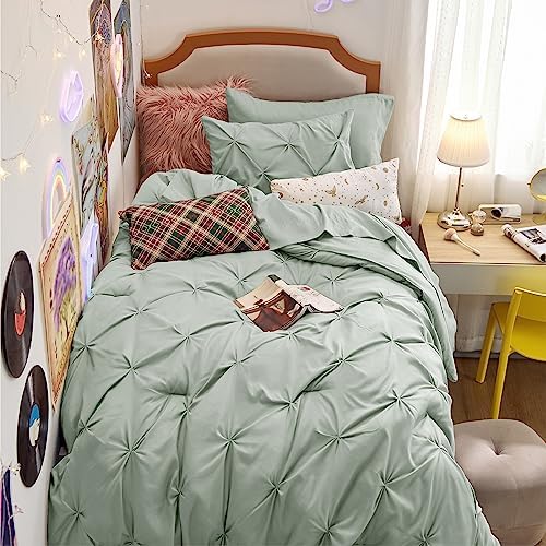 Bedsure Queen Comforter Set Baby Pea Green   Bed in a Bag Queen Size Bedding 7 Pieces  GentleSoft  Pintuck Bed Set Gift for Family  Pinch Pleat All Season Comforter with Sheets  Pillowcases & Shams