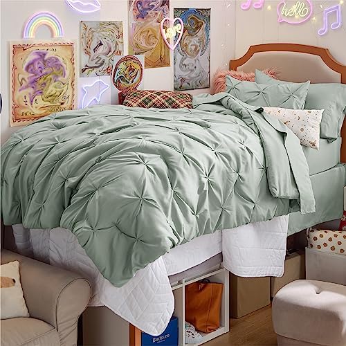 Bedsure Queen Comforter Set Baby Pea Green   Bed in a Bag Queen Size Bedding 7 Pieces  GentleSoft  Pintuck Bed Set Gift for Family  Pinch Pleat All Season Comforter with Sheets  Pillowcases & Shams