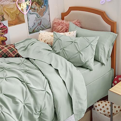 Bedsure Queen Comforter Set Baby Pea Green   Bed in a Bag Queen Size Bedding 7 Pieces  GentleSoft  Pintuck Bed Set Gift for Family  Pinch Pleat All Season Comforter with Sheets  Pillowcases & Shams