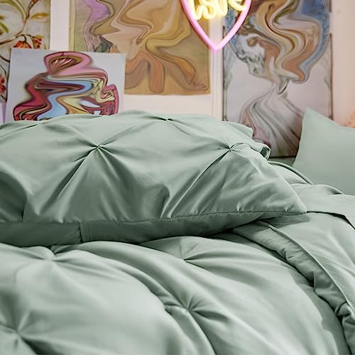 Bedsure Queen Comforter Set Baby Pea Green   Bed in a Bag Queen Size Bedding 7 Pieces  GentleSoft  Pintuck Bed Set Gift for Family  Pinch Pleat All Season Comforter with Sheets  Pillowcases & Shams