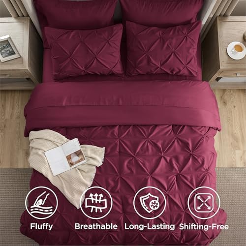 Bedsure Queen Comforter Set Baby Pea Green   Bed in a Bag Queen Size Bedding 7 Pieces  GentleSoft  Pintuck Bed Set Gift for Family  Pinch Pleat All Season Comforter with Sheets  Pillowcases & Shams