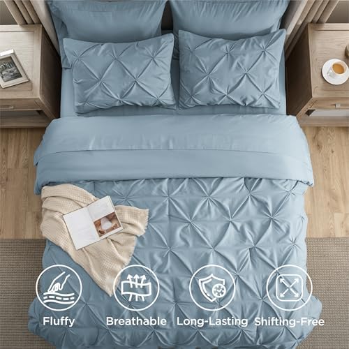 Bedsure Queen Comforter Set Baby Pea Green   Bed in a Bag Queen Size Bedding 7 Pieces  GentleSoft  Pintuck Bed Set Gift for Family  Pinch Pleat All Season Comforter with Sheets  Pillowcases & Shams