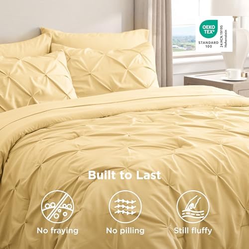 Bedsure Queen Comforter Set Baby Pea Green   Bed in a Bag Queen Size Bedding 7 Pieces  GentleSoft  Pintuck Bed Set Gift for Family  Pinch Pleat All Season Comforter with Sheets  Pillowcases & Shams