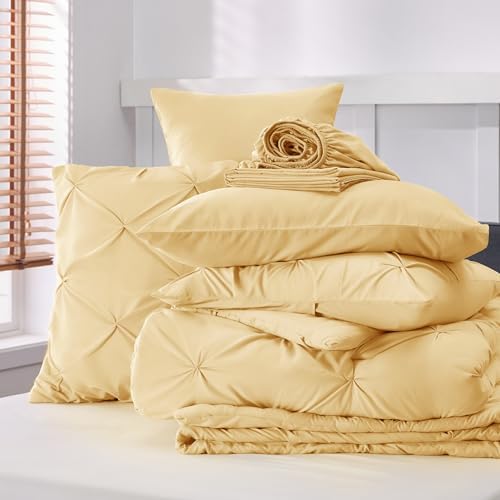 Bedsure Queen Comforter Set Baby Pea Green   Bed in a Bag Queen Size Bedding 7 Pieces  GentleSoft  Pintuck Bed Set Gift for Family  Pinch Pleat All Season Comforter with Sheets  Pillowcases & Shams
