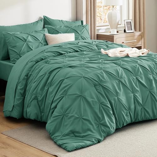 Bedsure Queen Comforter Set Baby Pea Green   Bed in a Bag Queen Size Bedding 7 Pieces  GentleSoft  Pintuck Bed Set Gift for Family  Pinch Pleat All Season Comforter with Sheets  Pillowcases & Shams