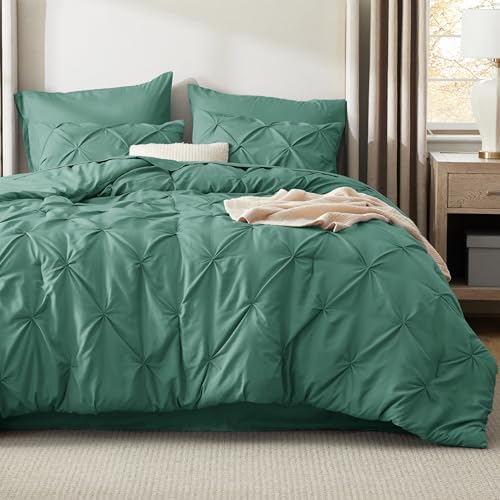 Bedsure Queen Comforter Set Baby Pea Green   Bed in a Bag Queen Size Bedding 7 Pieces  GentleSoft  Pintuck Bed Set Gift for Family  Pinch Pleat All Season Comforter with Sheets  Pillowcases & Shams