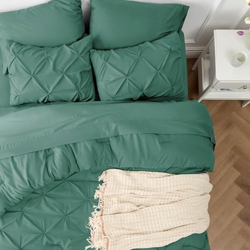 Bedsure Queen Comforter Set Baby Pea Green   Bed in a Bag Queen Size Bedding 7 Pieces  GentleSoft  Pintuck Bed Set Gift for Family  Pinch Pleat All Season Comforter with Sheets  Pillowcases & Shams
