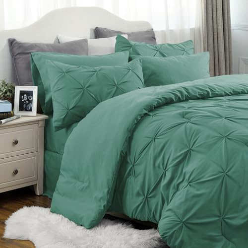 Bedsure Queen Comforter Set Baby Pea Green   Bed in a Bag Queen Size Bedding 7 Pieces  GentleSoft  Pintuck Bed Set Gift for Family  Pinch Pleat All Season Comforter with Sheets  Pillowcases & Shams