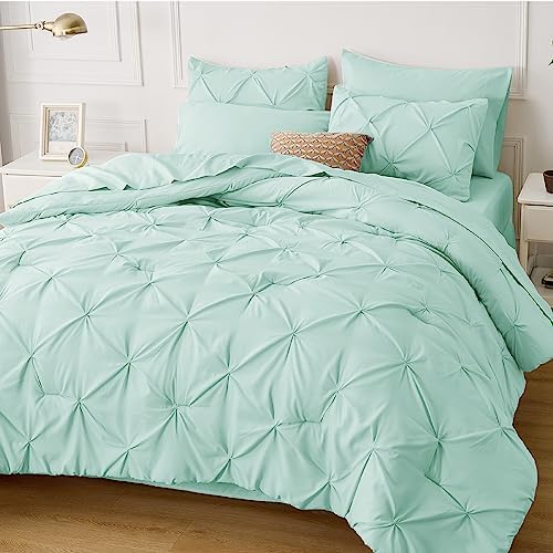Bedsure Queen Comforter Set Baby Pea Green   Bed in a Bag Queen Size Bedding 7 Pieces  GentleSoft  Pintuck Bed Set Gift for Family  Pinch Pleat All Season Comforter with Sheets  Pillowcases & Shams