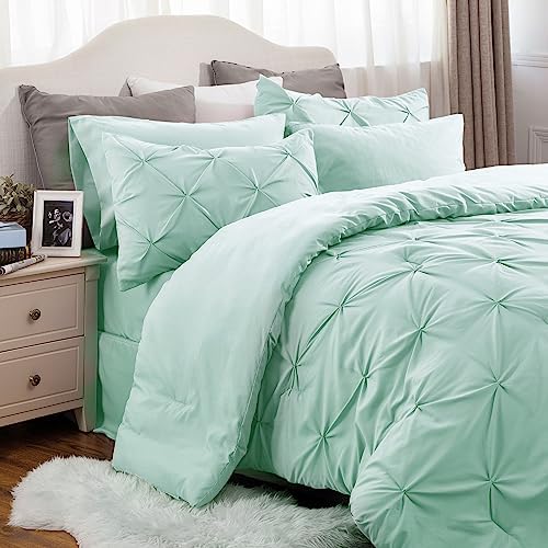 Bedsure Queen Comforter Set Baby Pea Green   Bed in a Bag Queen Size Bedding 7 Pieces  GentleSoft  Pintuck Bed Set Gift for Family  Pinch Pleat All Season Comforter with Sheets  Pillowcases & Shams