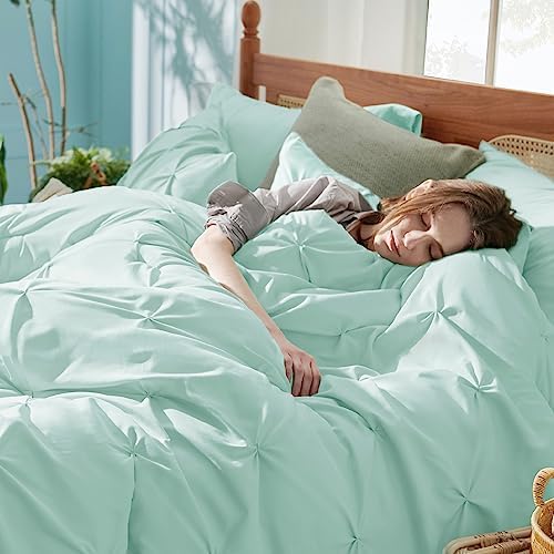 Bedsure Queen Comforter Set Baby Pea Green   Bed in a Bag Queen Size Bedding 7 Pieces  GentleSoft  Pintuck Bed Set Gift for Family  Pinch Pleat All Season Comforter with Sheets  Pillowcases & Shams