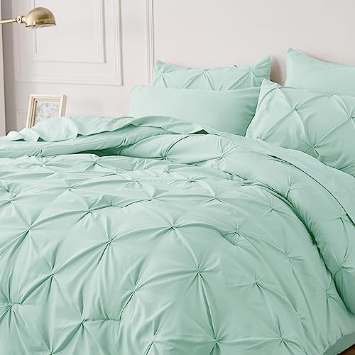 Bedsure Queen Comforter Set Baby Pea Green   Bed in a Bag Queen Size Bedding 7 Pieces  GentleSoft  Pintuck Bed Set Gift for Family  Pinch Pleat All Season Comforter with Sheets  Pillowcases & Shams