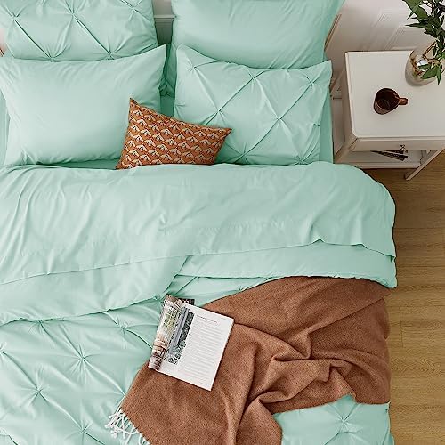 Bedsure Queen Comforter Set Baby Pea Green   Bed in a Bag Queen Size Bedding 7 Pieces  GentleSoft  Pintuck Bed Set Gift for Family  Pinch Pleat All Season Comforter with Sheets  Pillowcases & Shams
