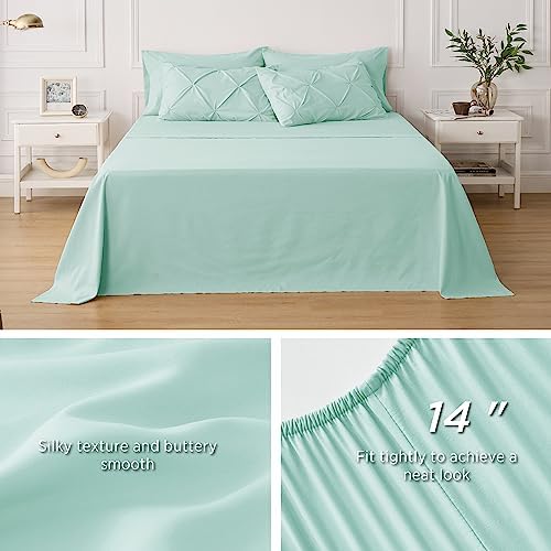 Bedsure Queen Comforter Set Baby Pea Green   Bed in a Bag Queen Size Bedding 7 Pieces  GentleSoft  Pintuck Bed Set Gift for Family  Pinch Pleat All Season Comforter with Sheets  Pillowcases & Shams