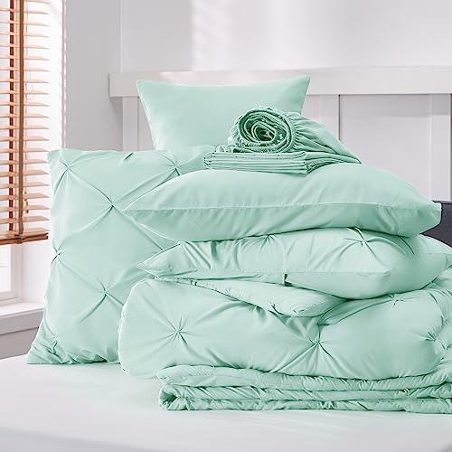 Bedsure Queen Comforter Set Baby Pea Green   Bed in a Bag Queen Size Bedding 7 Pieces  GentleSoft  Pintuck Bed Set Gift for Family  Pinch Pleat All Season Comforter with Sheets  Pillowcases & Shams