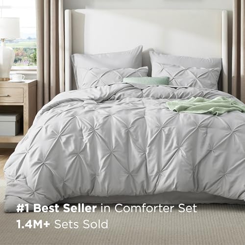 Bedsure Queen Comforter Set Baby Pea Green   Bed in a Bag Queen Size Bedding 7 Pieces  GentleSoft  Pintuck Bed Set Gift for Family  Pinch Pleat All Season Comforter with Sheets  Pillowcases & Shams