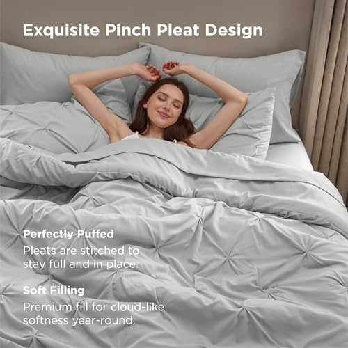 Bedsure Queen Comforter Set Baby Pea Green   Bed in a Bag Queen Size Bedding 7 Pieces  GentleSoft  Pintuck Bed Set Gift for Family  Pinch Pleat All Season Comforter with Sheets  Pillowcases & Shams