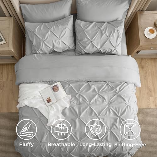 Bedsure Queen Comforter Set Baby Pea Green   Bed in a Bag Queen Size Bedding 7 Pieces  GentleSoft  Pintuck Bed Set Gift for Family  Pinch Pleat All Season Comforter with Sheets  Pillowcases & Shams