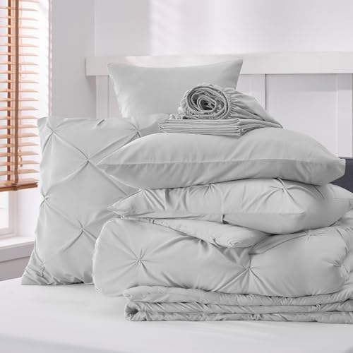 Bedsure Queen Comforter Set Baby Pea Green   Bed in a Bag Queen Size Bedding 7 Pieces  GentleSoft  Pintuck Bed Set Gift for Family  Pinch Pleat All Season Comforter with Sheets  Pillowcases & Shams