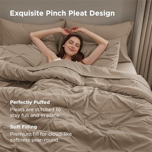 Bedsure Queen Comforter Set Baby Pea Green   Bed in a Bag Queen Size Bedding 7 Pieces  GentleSoft  Pintuck Bed Set Gift for Family  Pinch Pleat All Season Comforter with Sheets  Pillowcases & Shams