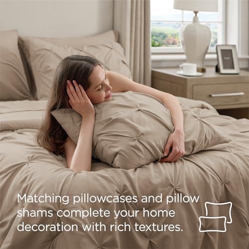 Bedsure Queen Comforter Set Baby Pea Green   Bed in a Bag Queen Size Bedding 7 Pieces  GentleSoft  Pintuck Bed Set Gift for Family  Pinch Pleat All Season Comforter with Sheets  Pillowcases & Shams