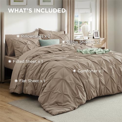 Bedsure Queen Comforter Set Baby Pea Green   Bed in a Bag Queen Size Bedding 7 Pieces  GentleSoft  Pintuck Bed Set Gift for Family  Pinch Pleat All Season Comforter with Sheets  Pillowcases & Shams