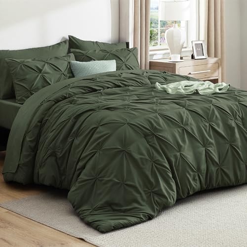 Bedsure Queen Comforter Set Baby Pea Green   Bed in a Bag Queen Size Bedding 7 Pieces  GentleSoft  Pintuck Bed Set Gift for Family  Pinch Pleat All Season Comforter with Sheets  Pillowcases & Shams