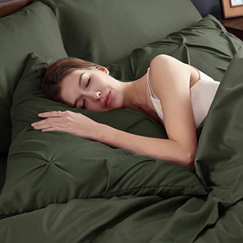 Bedsure Queen Comforter Set Baby Pea Green   Bed in a Bag Queen Size Bedding 7 Pieces  GentleSoft  Pintuck Bed Set Gift for Family  Pinch Pleat All Season Comforter with Sheets  Pillowcases & Shams