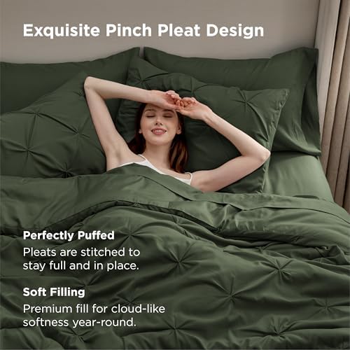 Bedsure Queen Comforter Set Baby Pea Green   Bed in a Bag Queen Size Bedding 7 Pieces  GentleSoft  Pintuck Bed Set Gift for Family  Pinch Pleat All Season Comforter with Sheets  Pillowcases & Shams