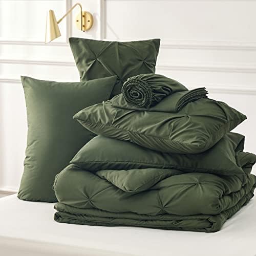Bedsure Queen Comforter Set Baby Pea Green   Bed in a Bag Queen Size Bedding 7 Pieces  GentleSoft  Pintuck Bed Set Gift for Family  Pinch Pleat All Season Comforter with Sheets  Pillowcases & Shams